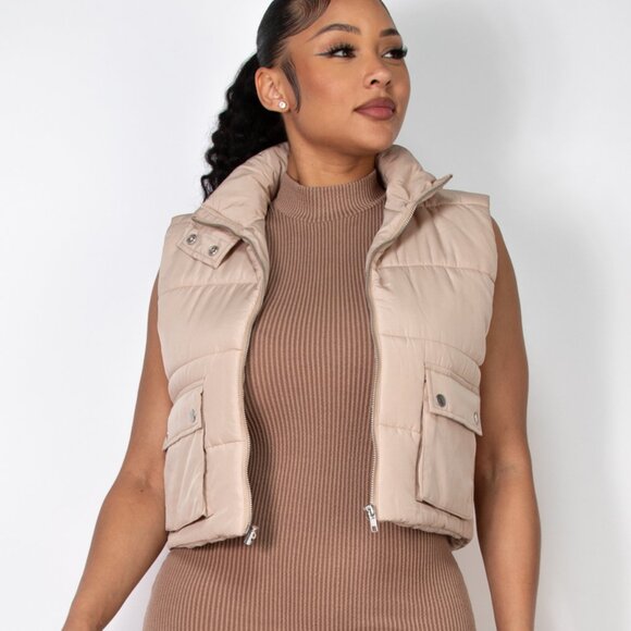Women's Zip-Up Puffed Pocketed Crop Vest - Tan - Picture 4 of 5